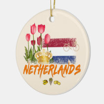 Netherlands Vintage Holland Flag and Dutch Tulip Ceramic Ornament
