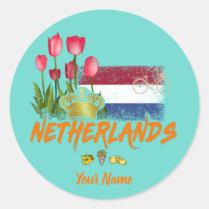 Netherlands Vintage Holland Flag and Dutch Tulip Classic Round Sticker