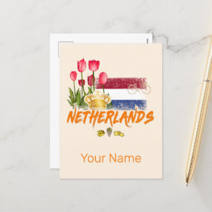 Netherlands Vintage Holland Flag and Dutch Tulip Holiday Postcard