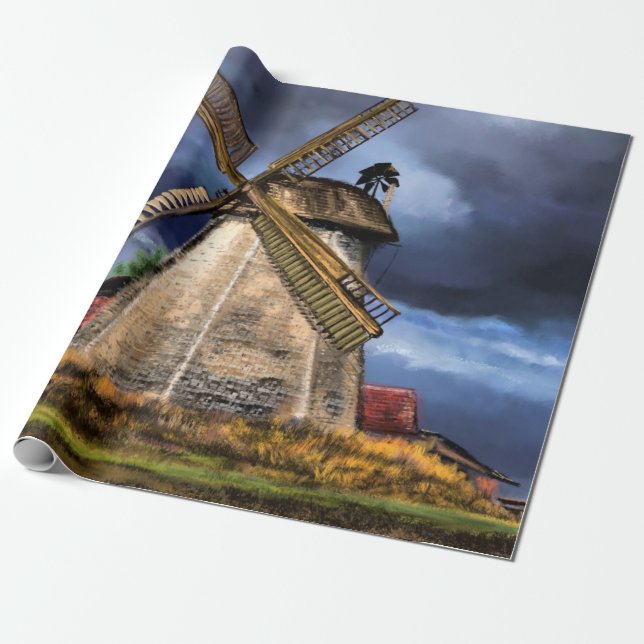 Netherlands Windmill Landscape Wrapping Paper (Unrolled)
