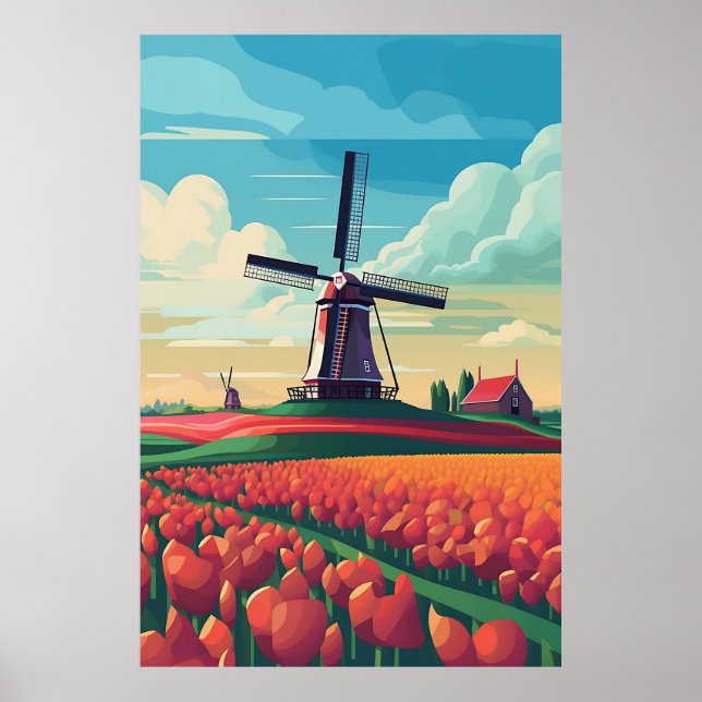 Netherlands WIndmill Tulip Field Illustration Poster (Front)