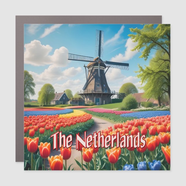 Netherlands Windmill & Tulips Car Magnet (Front)