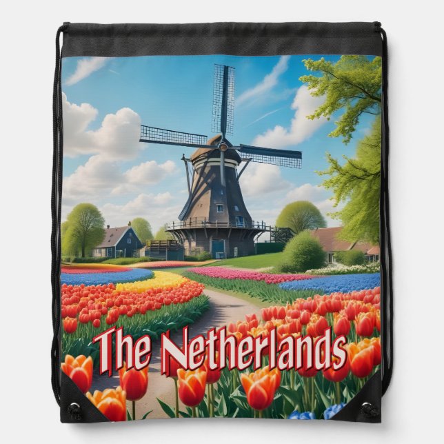 Netherlands Windmill & Tulips Drawstring Bag (Front)