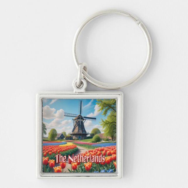 Netherlands Windmill & Tulips Keychain (Front)