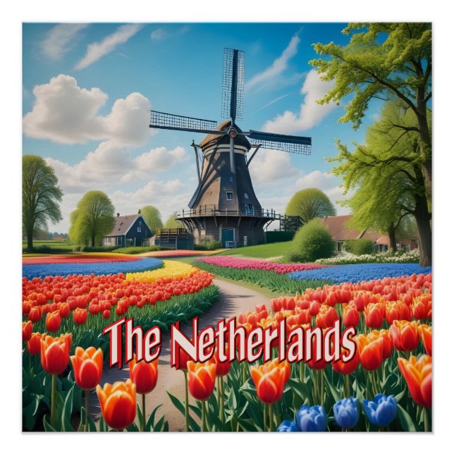 Netherlands Windmill & Tulips Poster (Front)