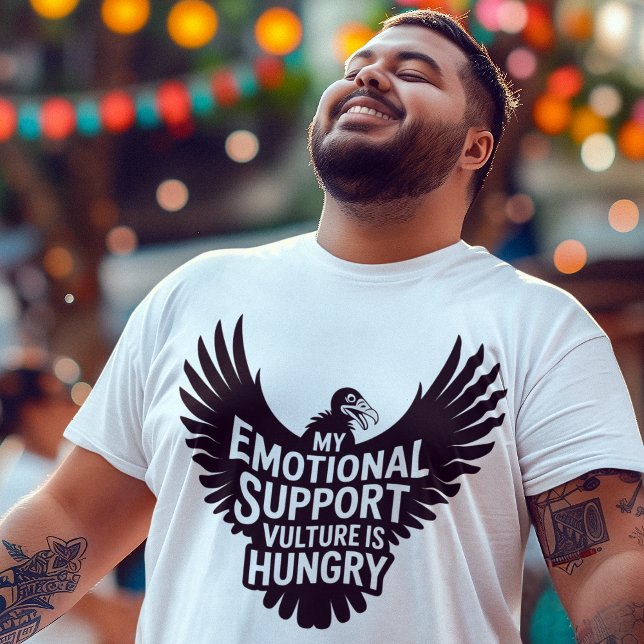 Neurodivergence Humor Emotional Support Vulture  T-Shirt (Young man wearing Emotional Support Vulture neurodivergent tee enjoying a street fair festival.)