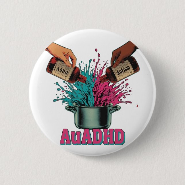 Neurodivergent Autism ADHD Vintage Art Pink Teal Button (Front)