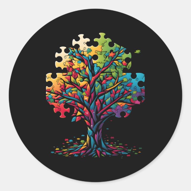 Neurodiversity Autism Awareness Colorful Tree Puzz Classic Round Sticker (Front)