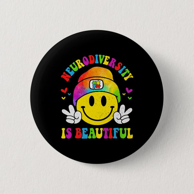 Neurodiversity Is Beautiful Smile Face Autism Awar Button (Front)