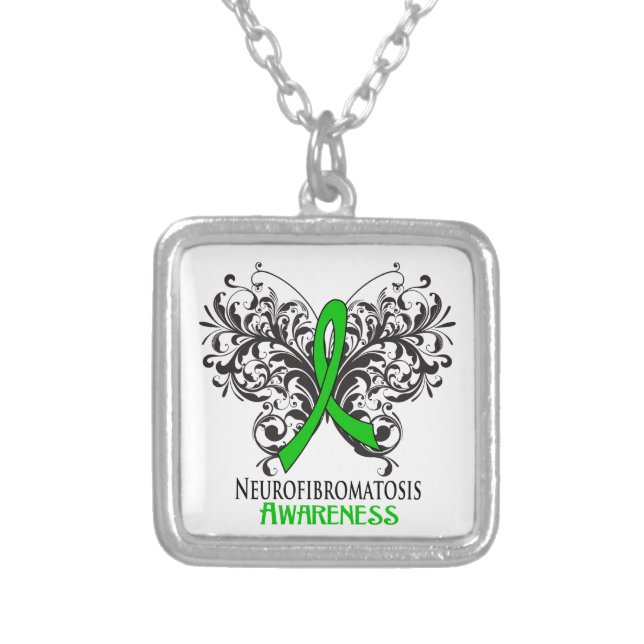 Neurofibromatosis Awareness Butterfly Silver Plated Necklace (Front)
