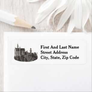 Neuschwanstein Castle Black and White Historic Art Label
