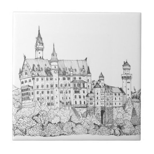 Neuschwanstein Castle Germany Fine Line Art Ceramic Tile