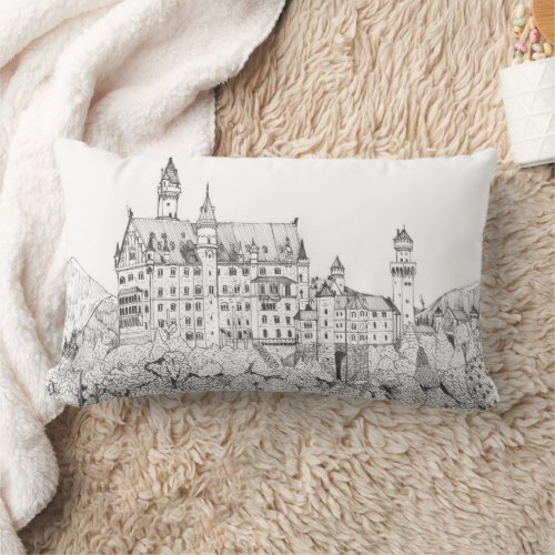 Neuschwanstein Castle Germany Fine Line Art Lumbar Pillow