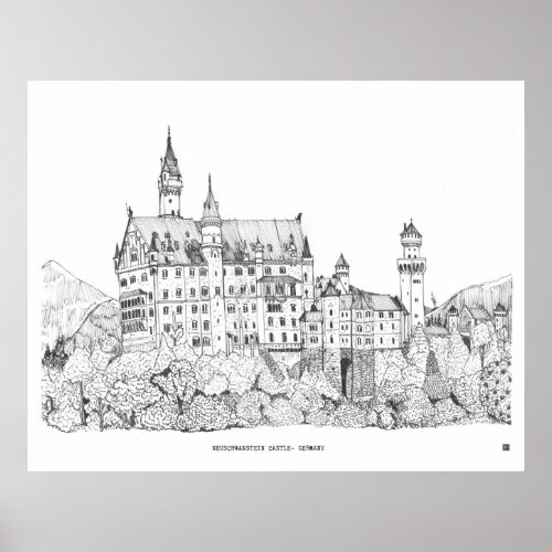 Neuschwanstein Castle Germany Fine Line Art Poster