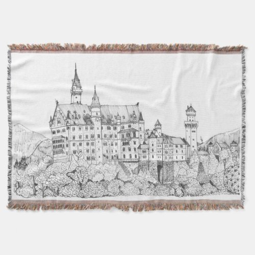 Neuschwanstein Castle Germany Fine Line Art Throw Blanket