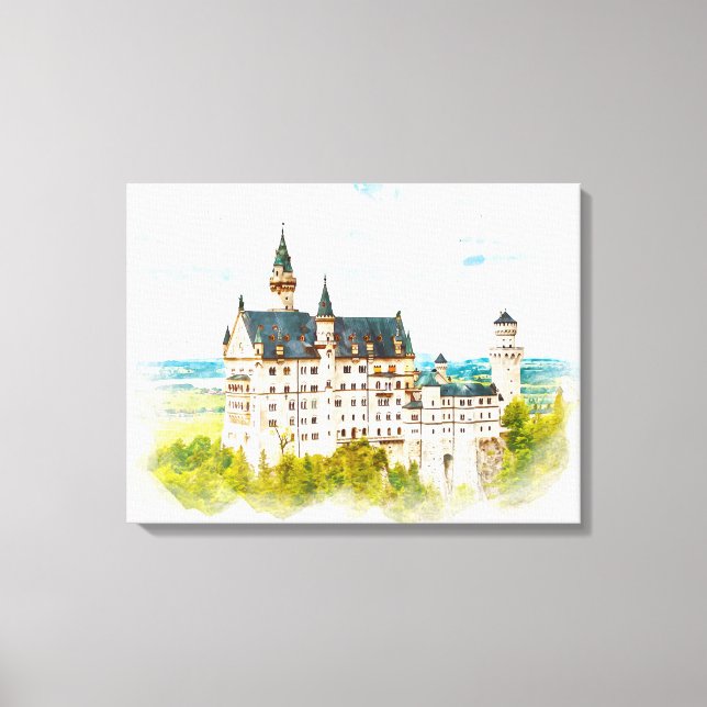 Neuschwanstein Castle Germany Watercolor Painting Canvas Print (Front)