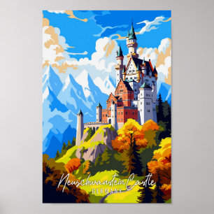 Neuschwanstein Castle vintage travel illustration Poster