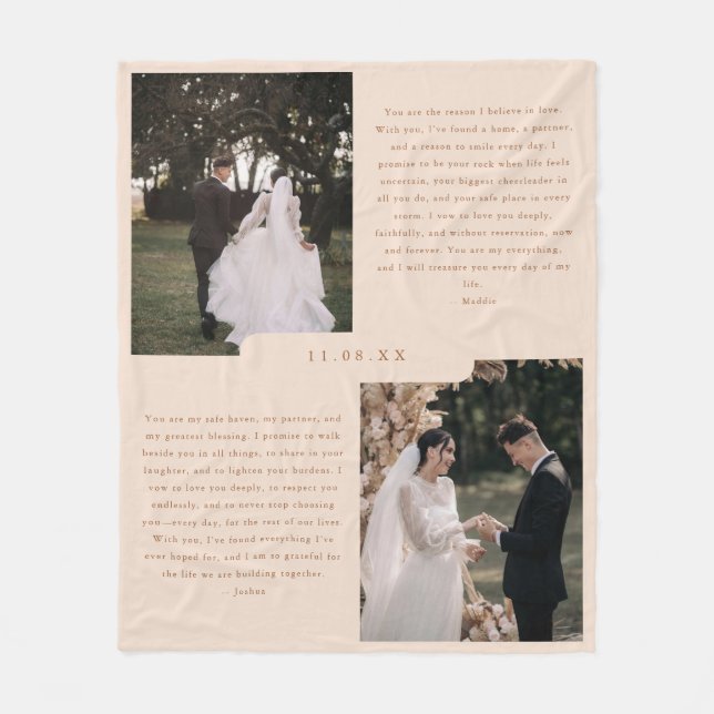 Neutral 2 Photo Couple Wedding Vows Fleece Blanket (Front)