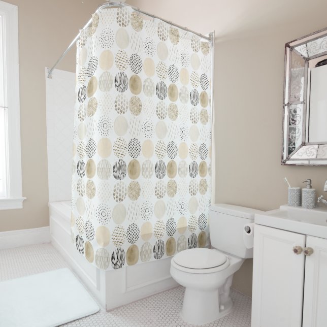 Neutral Abstract Circle Pattern Shower Curtain (In Situ)