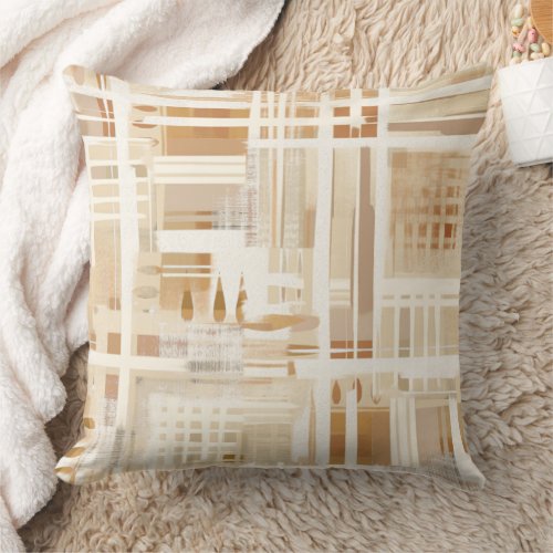 Neutral Abstract Plaid Muted Boho Throw Pillow