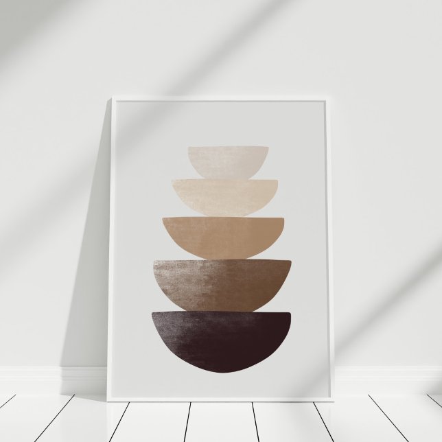 Neutral Abstract Stacked Bowls Minimalist Wall Art (Neutral Abstract Bowls Wall Art in white frame against white wall.)