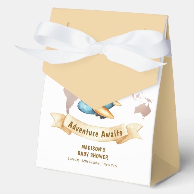 Neutral Adventure World Map Airplane Baby Shower  Favor Boxes (Front)