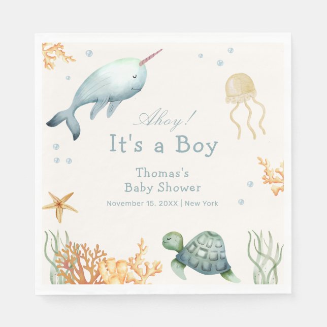Neutral Ahoy Under The Sea Whale Boy Baby Shower  Napkins (Front)