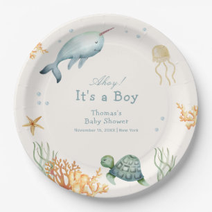 Neutral Ahoy Under The Sea Whale Boy Baby Shower  Paper Plates