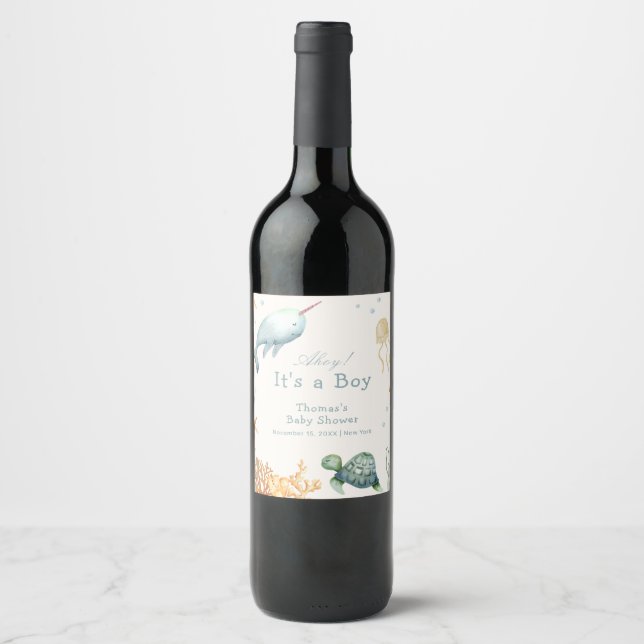 Neutral Ahoy Under The Sea Whale Boy Baby Shower  Wine Label (Front)