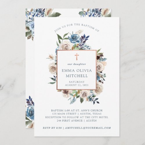 Neutral and Blue Floral Baptism  Rose Gold Cross Invitation