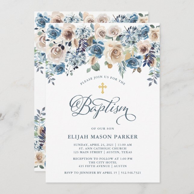 Neutral and Blue Floral | Boy or Girl Baptism Invitation (Front/Back)