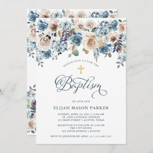 Neutral and Blue Floral  Boy or Girl Baptism Invitation