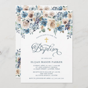 Neutral and Blue Floral Boy or Girl Baptism Invitation
