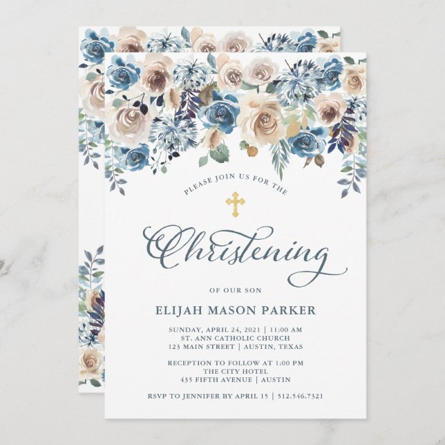 Neutral and Blue Floral | Boy or Girl Christening Invitation (Front/Back)