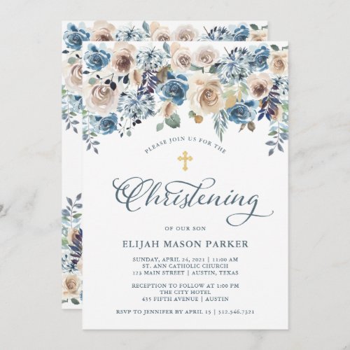 Neutral and Blue Floral  Boy or Girl Christening Invitation