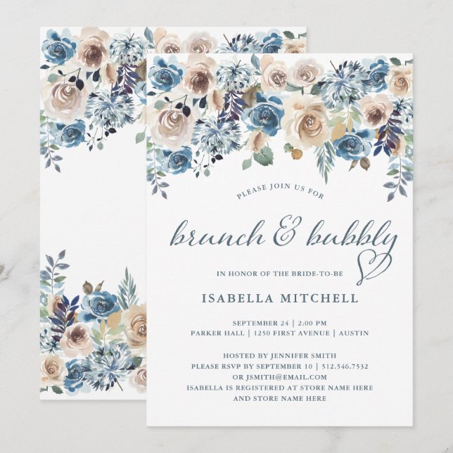 Neutral and Blue Floral | Brunch and Bubbly Invitation (Front/Back)
