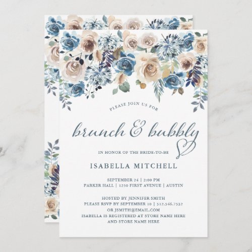 Neutral and Blue Floral  Brunch and Bubbly Invitation