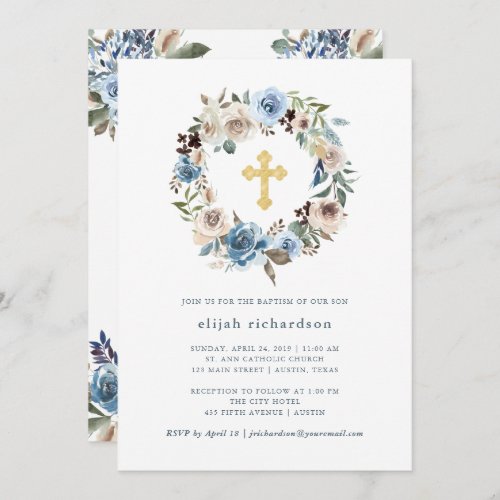 Neutral and Blue Floral  Gold Cross Baptism Invitation
