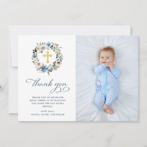 Neutral and Blue Floral  Photo Baptism Thank You Card