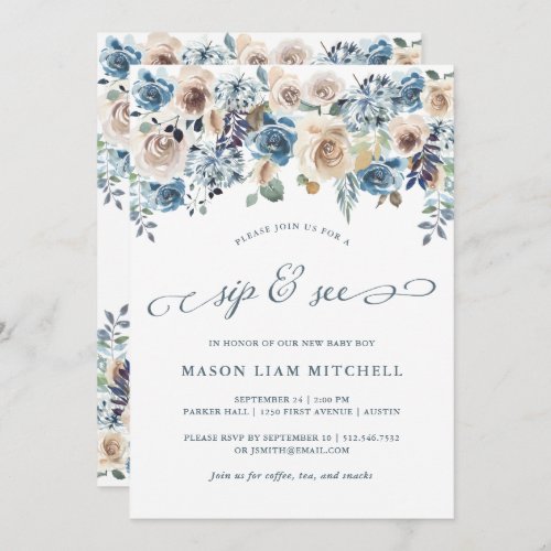 Neutral and Blue Floral  Sip and See Invitation