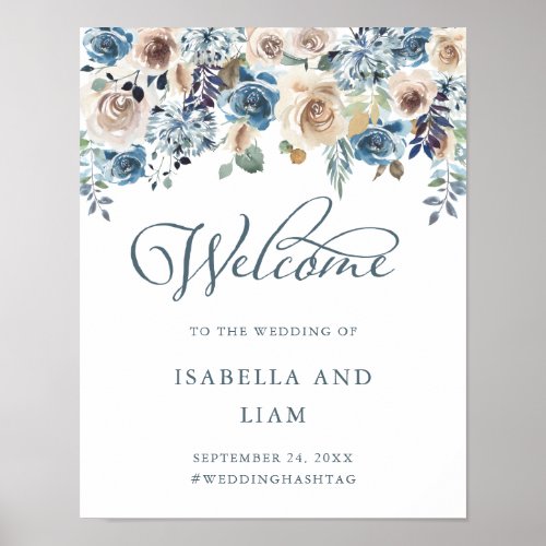 Neutral and Blue Floral  Wedding Welcome Poster