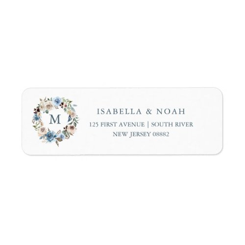 Neutral and Blue Floral  Wreath and Monogram Label