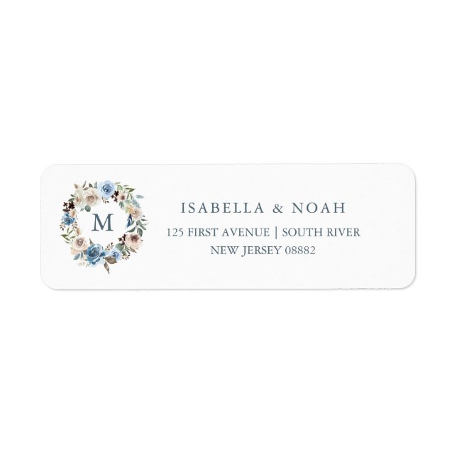 Neutral and Blue Floral | Wreath and Monogram Label (Front)