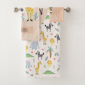 Neutral and Cute Jungle Safari Animals Zebra Kids Bath Towel Set