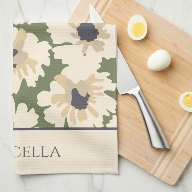 Neutral and Green Floral Patterns Personalized  Kitchen Towel (Quarter Fold)