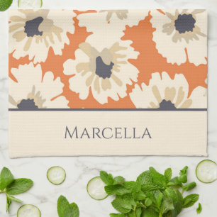Neutral and Orange  Floral Patterns Personalized  Kitchen Towel