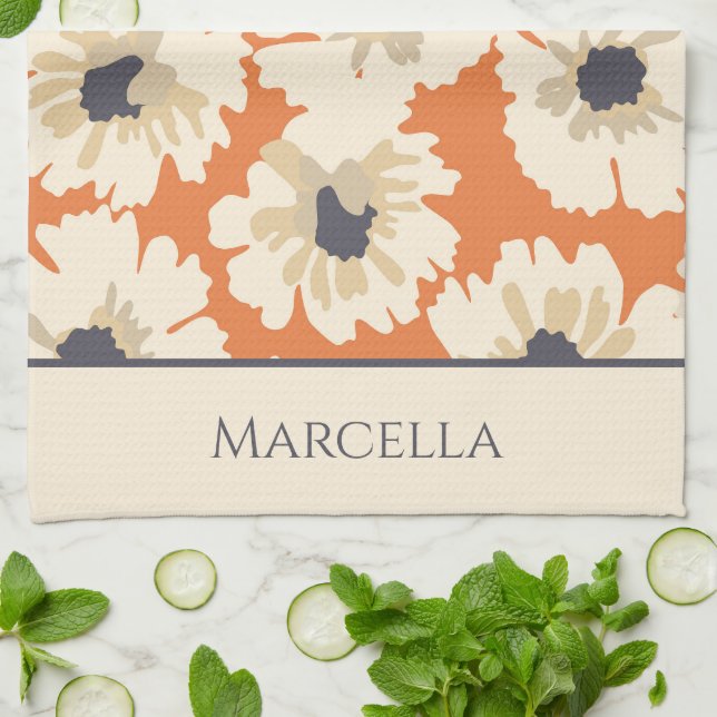 Neutral and Orange  Floral Patterns Personalized  Kitchen Towel (Folded)