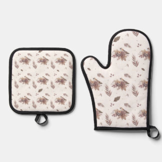 Neutral Autumn Bird Seamless Pattern Oven Mitt & Pot Holder Set