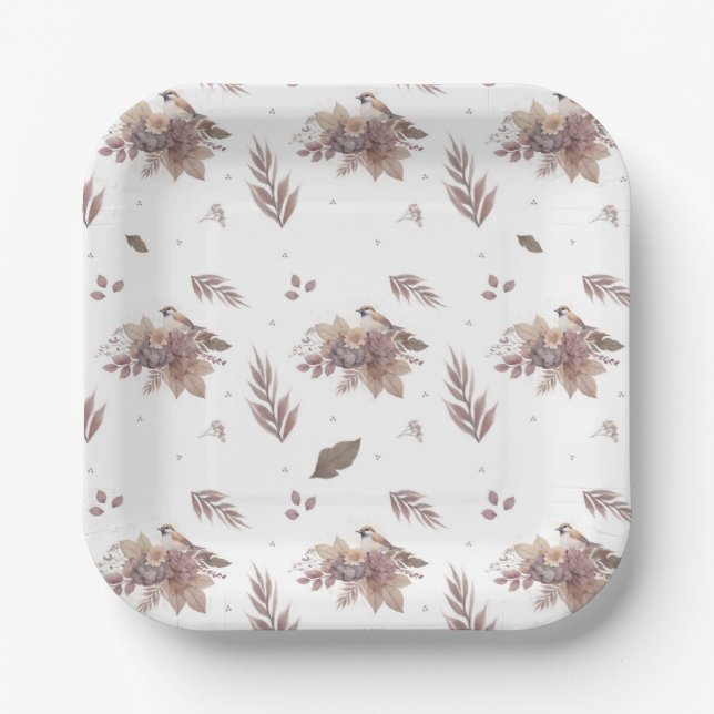 Neutral Autumn Bird Seamless Pattern  Paper Plates (Front)