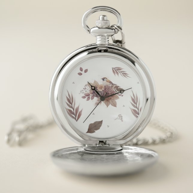 Neutral Autumn Bird Seamless Pattern  Pocket Watch (Inside)